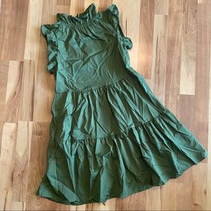 Olive Green Tiered Mock Neck Tunic Baby Doll Ruffle Dress